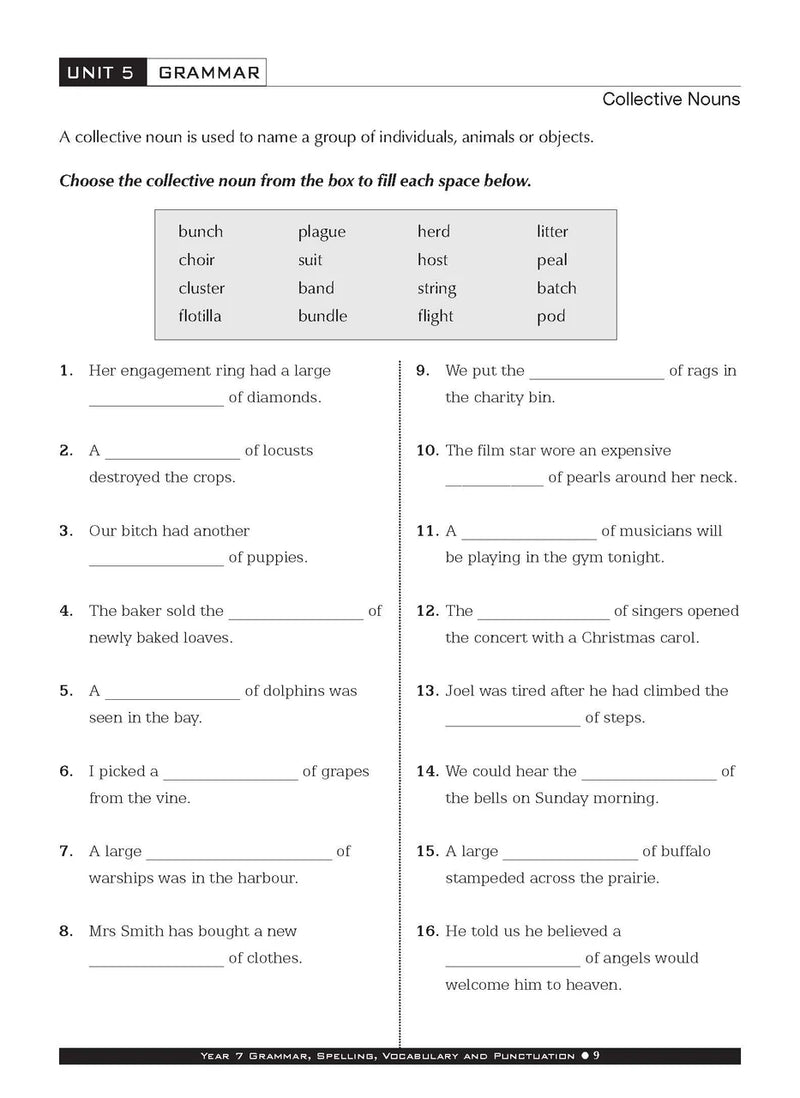 Sample interior page from the Excel Basic Skills Grammar Spelling Vocabulary and Punctuation Year 7 workbook as shown in the Pascal Press gallery