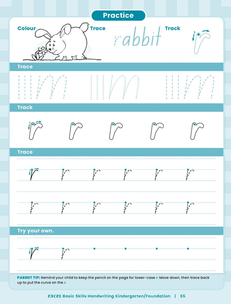Sample inside activity page from the Excel Basic Skills Handwriting K/F workbook showing printed exercises for children to complete