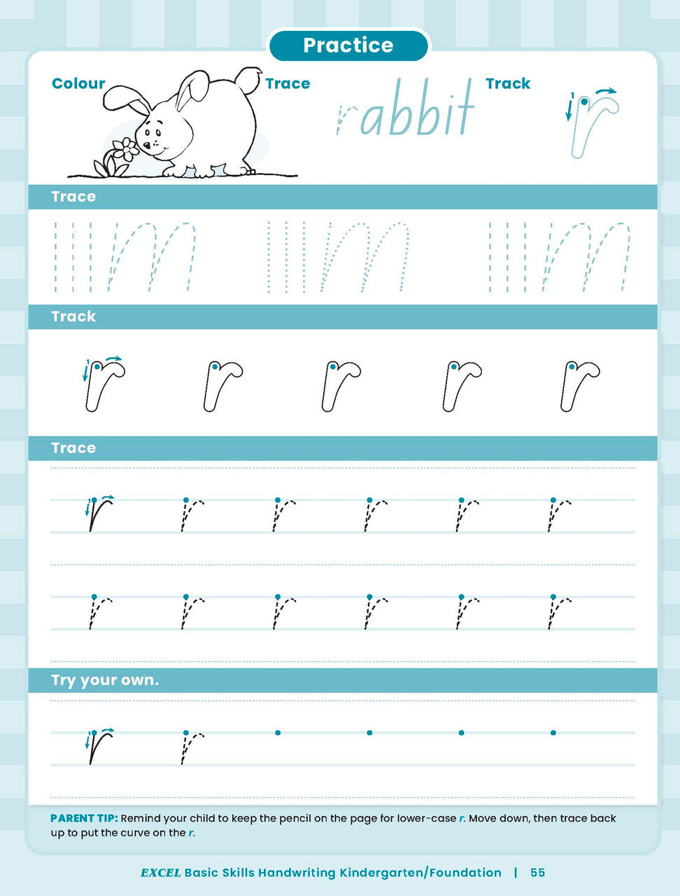 Sample inside activity page from the Excel Basic Skills Handwriting K/F workbook showing printed exercises for children to complete