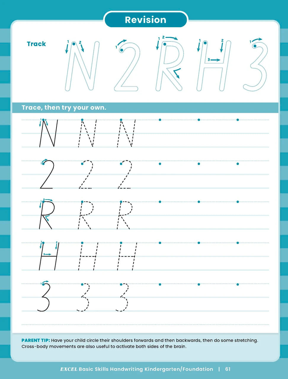 Sample inside activity page from the Excel Basic Skills Handwriting K/F workbook showing printed exercises for children to complete