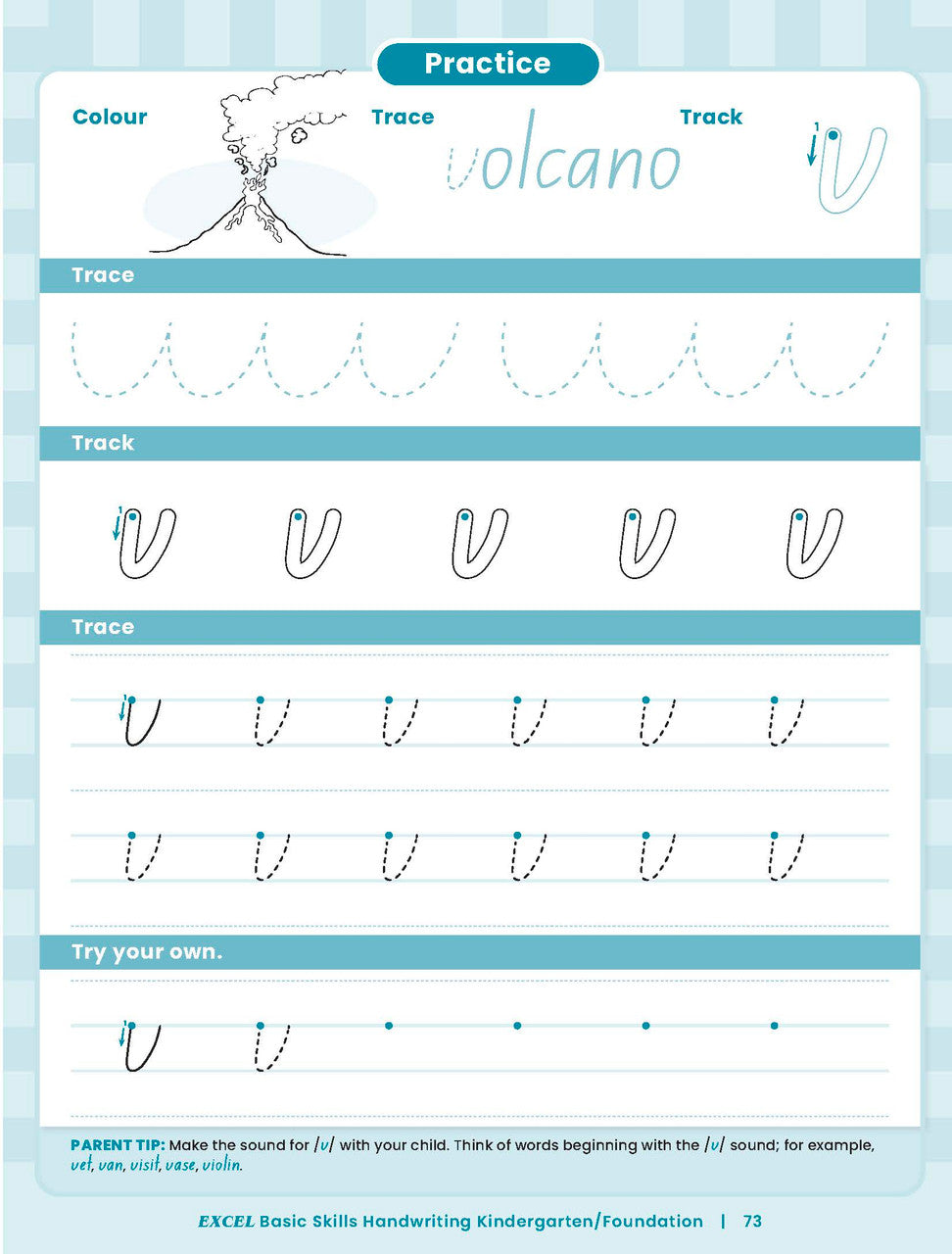 Sample inside activity page from the Excel Basic Skills Handwriting K/F workbook showing printed exercises for children to complete