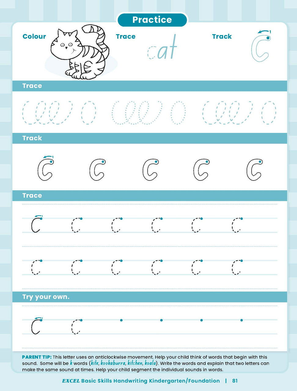 Sample inside activity page from the Excel Basic Skills Handwriting K/F workbook showing printed exercises for children to complete