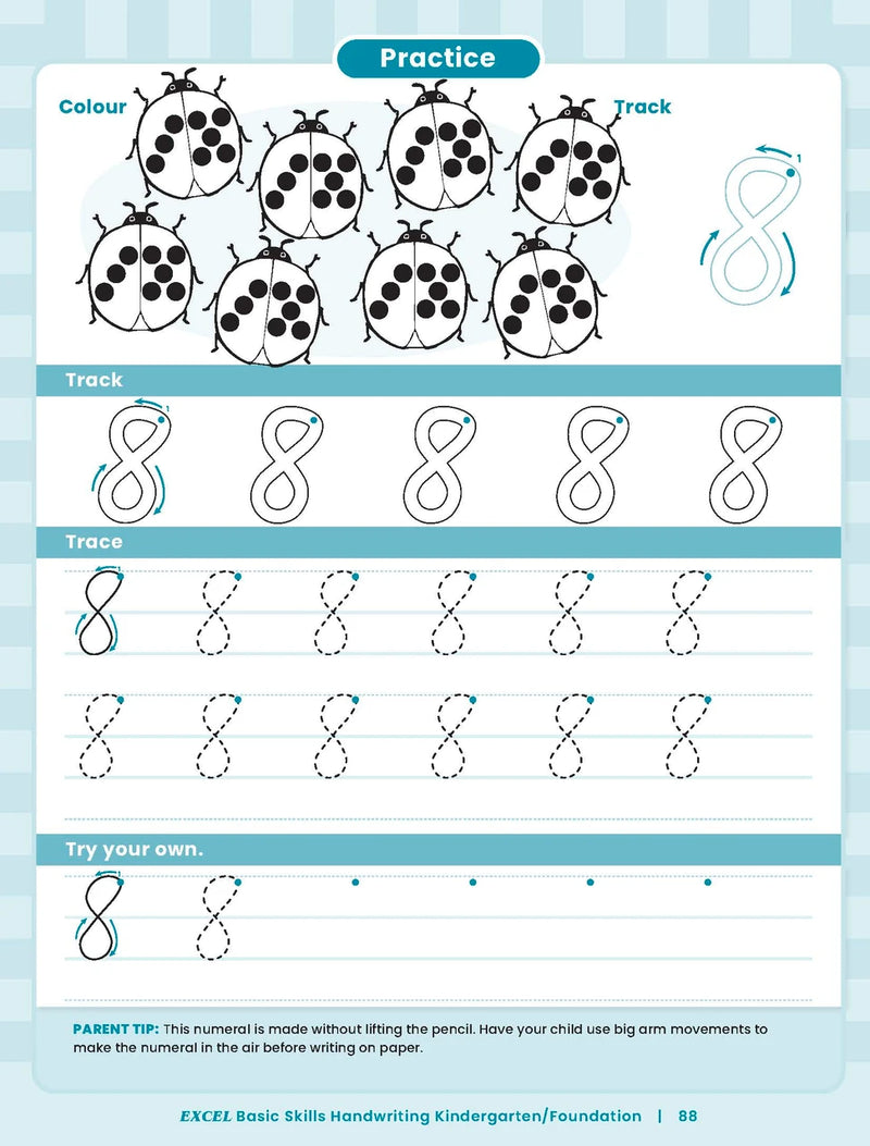Sample inside activity page from the Excel Basic Skills Handwriting K/F workbook showing printed exercises for children to complete