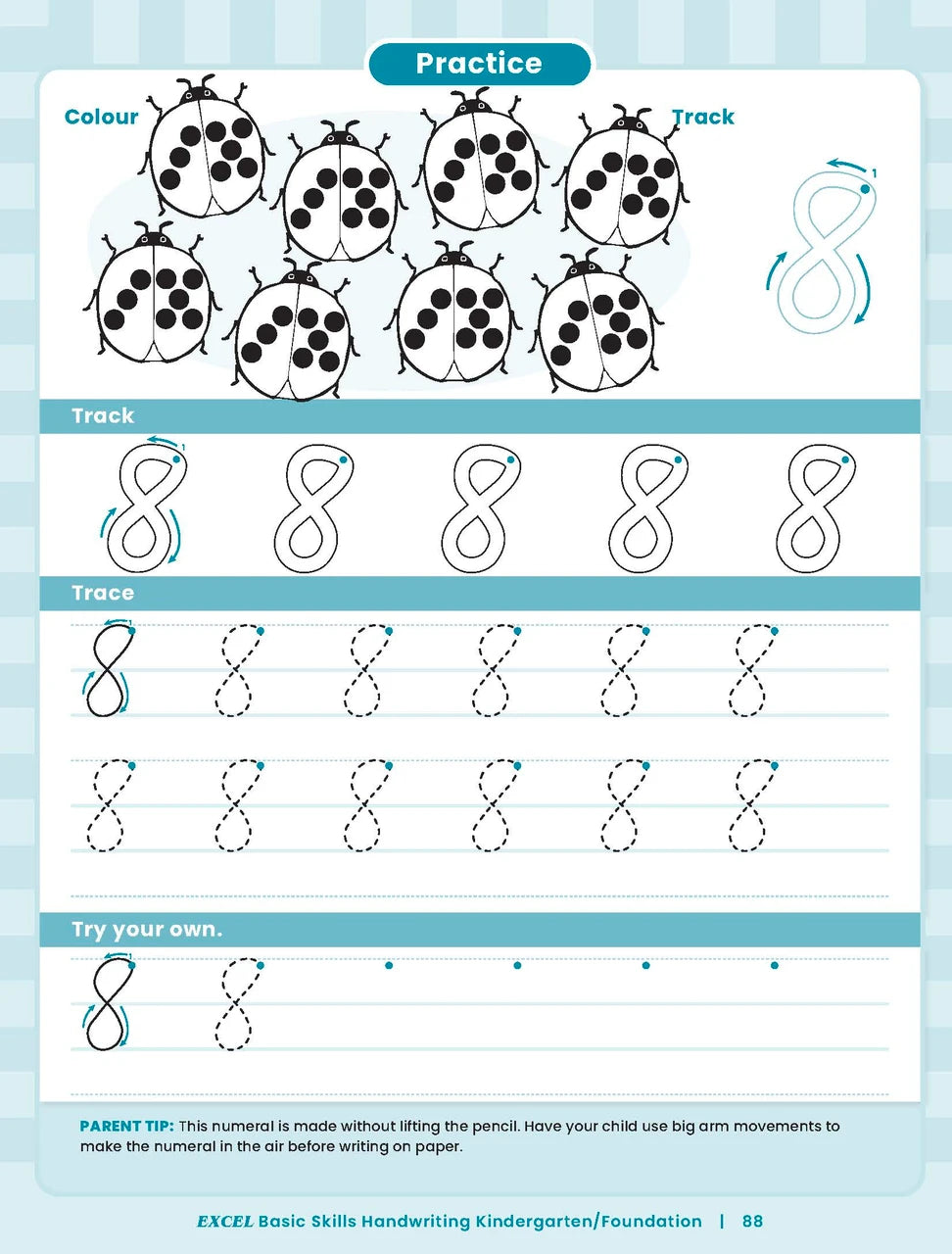 Sample inside activity page from the Excel Basic Skills Handwriting K/F workbook showing printed exercises for children to complete
