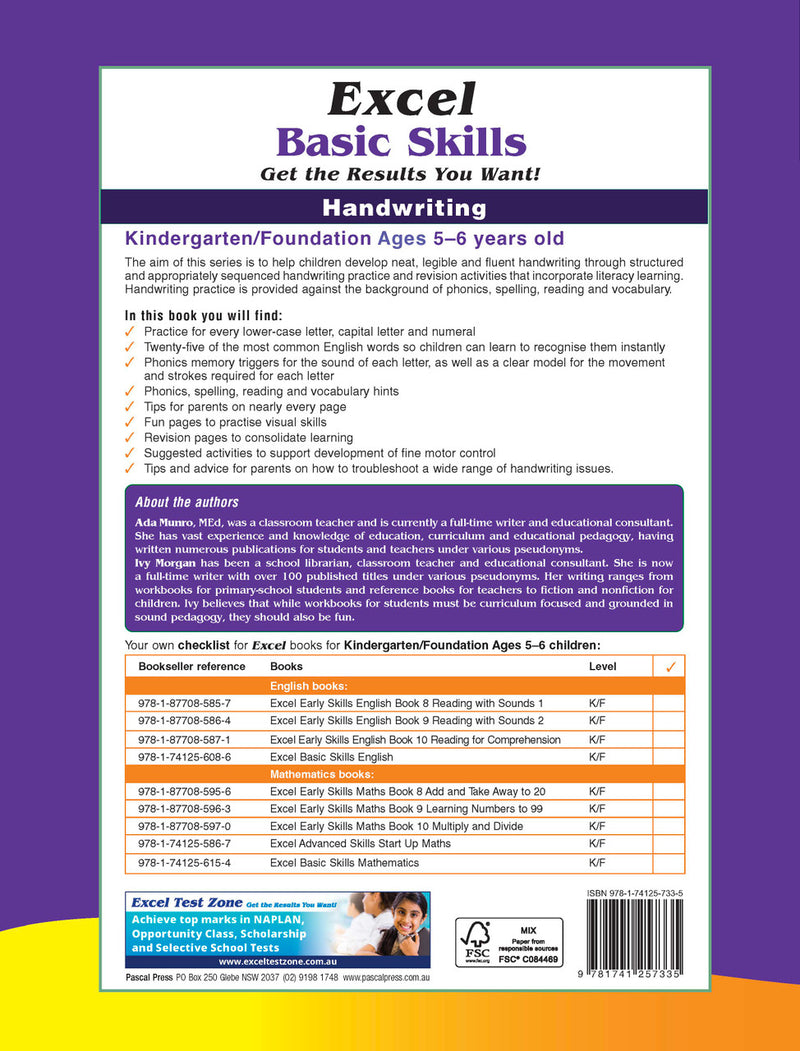 Additional page image from the Excel Basic Skills Handwriting K/F workbook, shown at the end of the publisher gallery