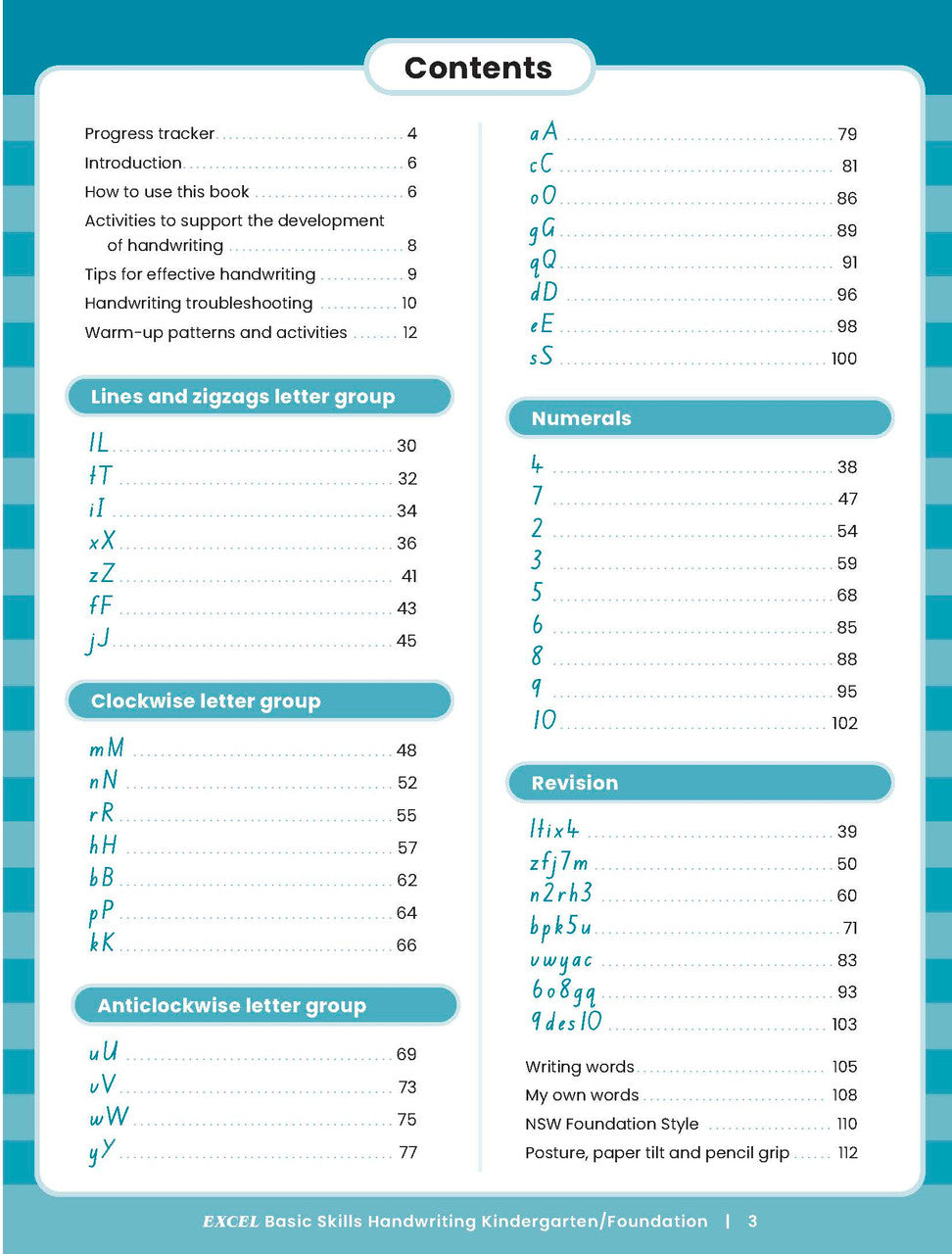 Sample inside activity page from the Excel Basic Skills Handwriting K/F workbook showing printed exercises for children to complete