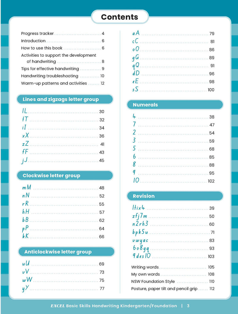 Sample inside activity page from the Excel Basic Skills Handwriting K/F workbook showing printed exercises for children to complete