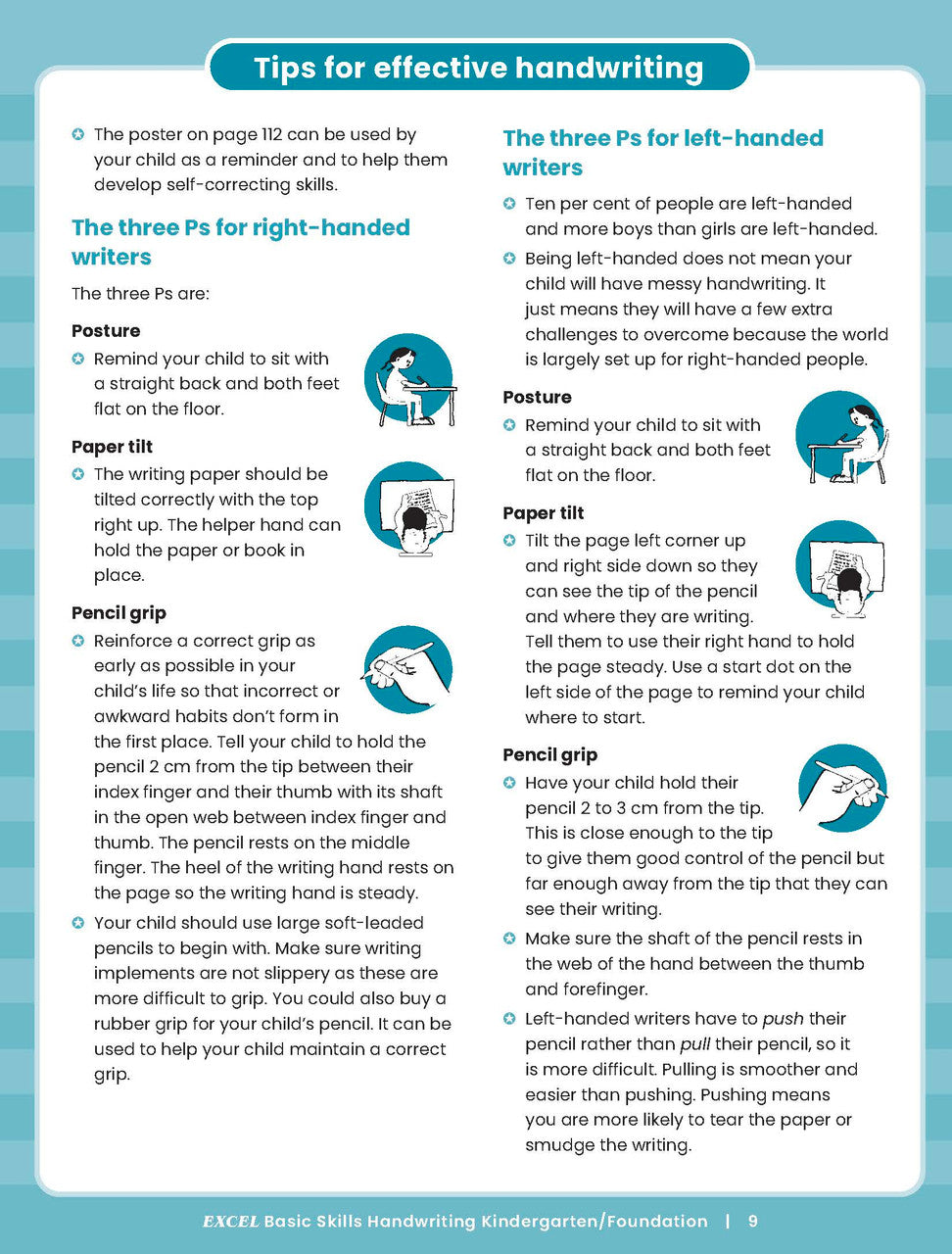 Sample inside activity page from the Excel Basic Skills Handwriting K/F workbook showing printed exercises for children to complete