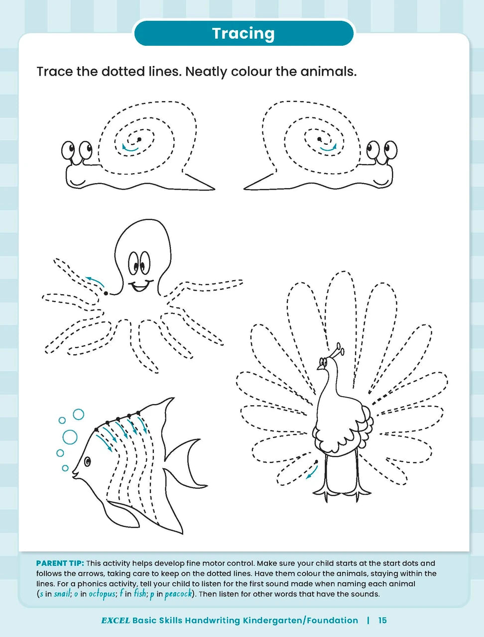 Sample inside activity page from the Excel Basic Skills Handwriting K/F workbook showing printed exercises for children to complete