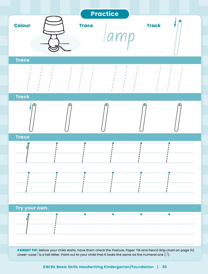 Sample inside activity page from the Excel Basic Skills Handwriting K/F workbook showing printed exercises for children to complete