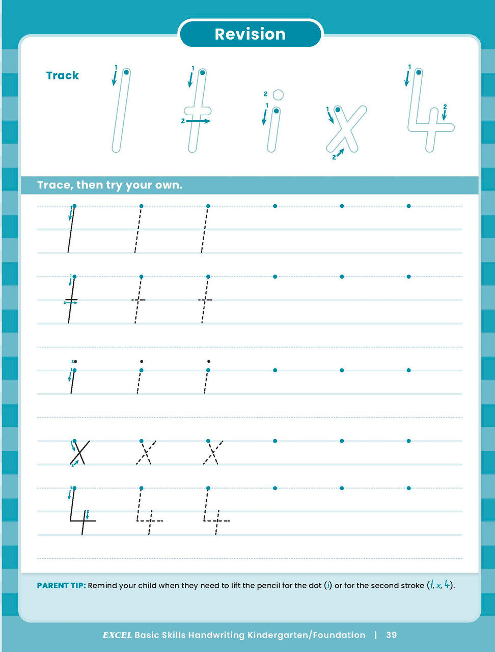 Sample inside activity page from the Excel Basic Skills Handwriting K/F workbook showing printed exercises for children to complete