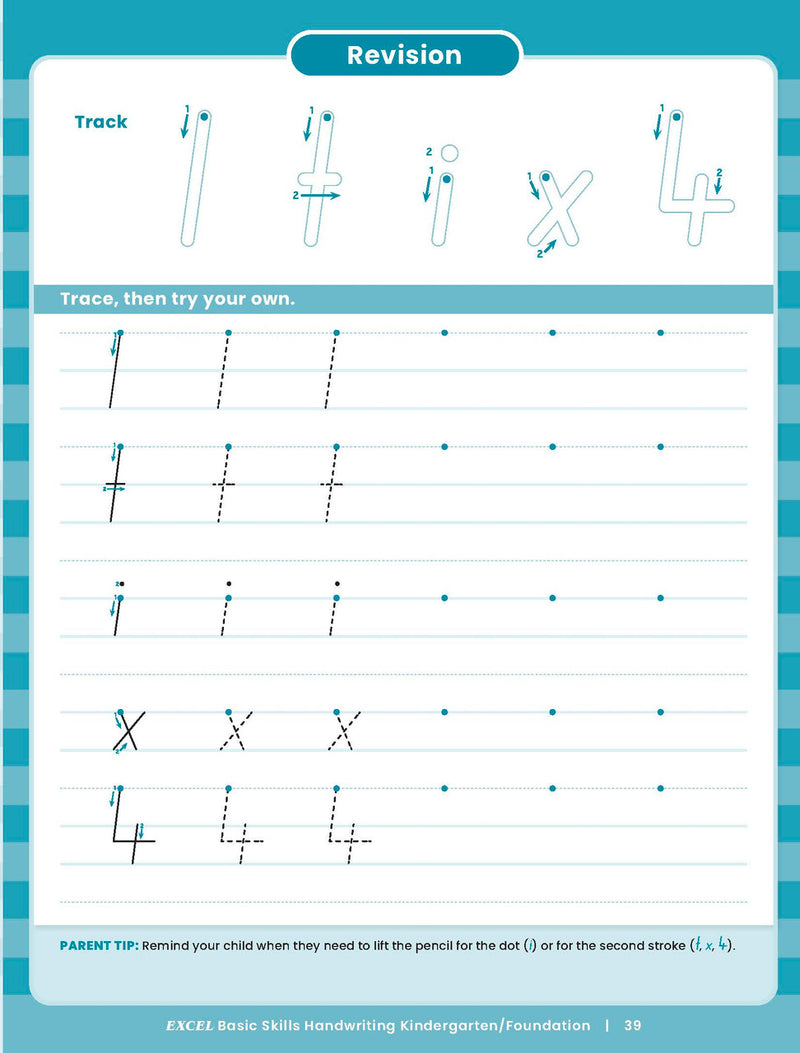 Sample inside activity page from the Excel Basic Skills Handwriting K/F workbook showing printed exercises for children to complete