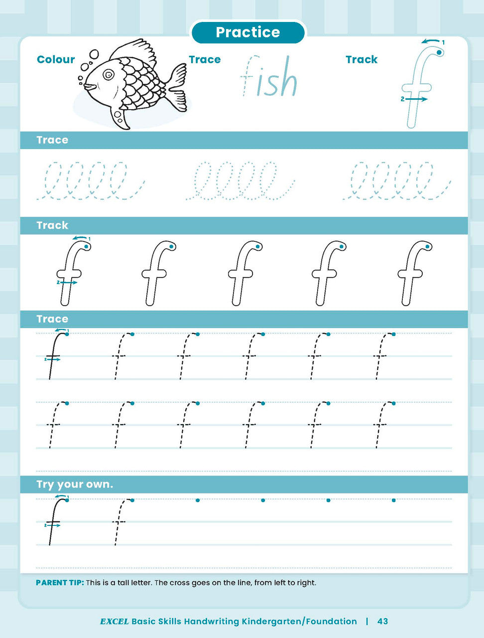 Sample inside activity page from the Excel Basic Skills Handwriting K/F workbook showing printed exercises for children to complete