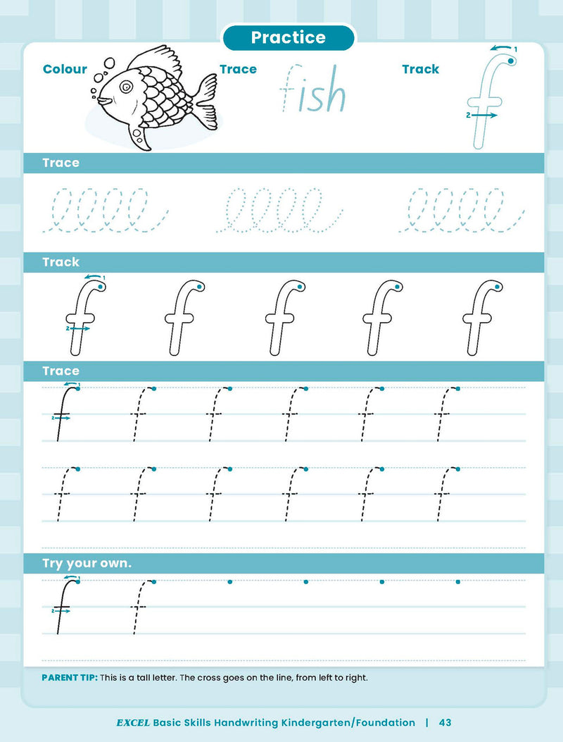 Sample inside activity page from the Excel Basic Skills Handwriting K/F workbook showing printed exercises for children to complete