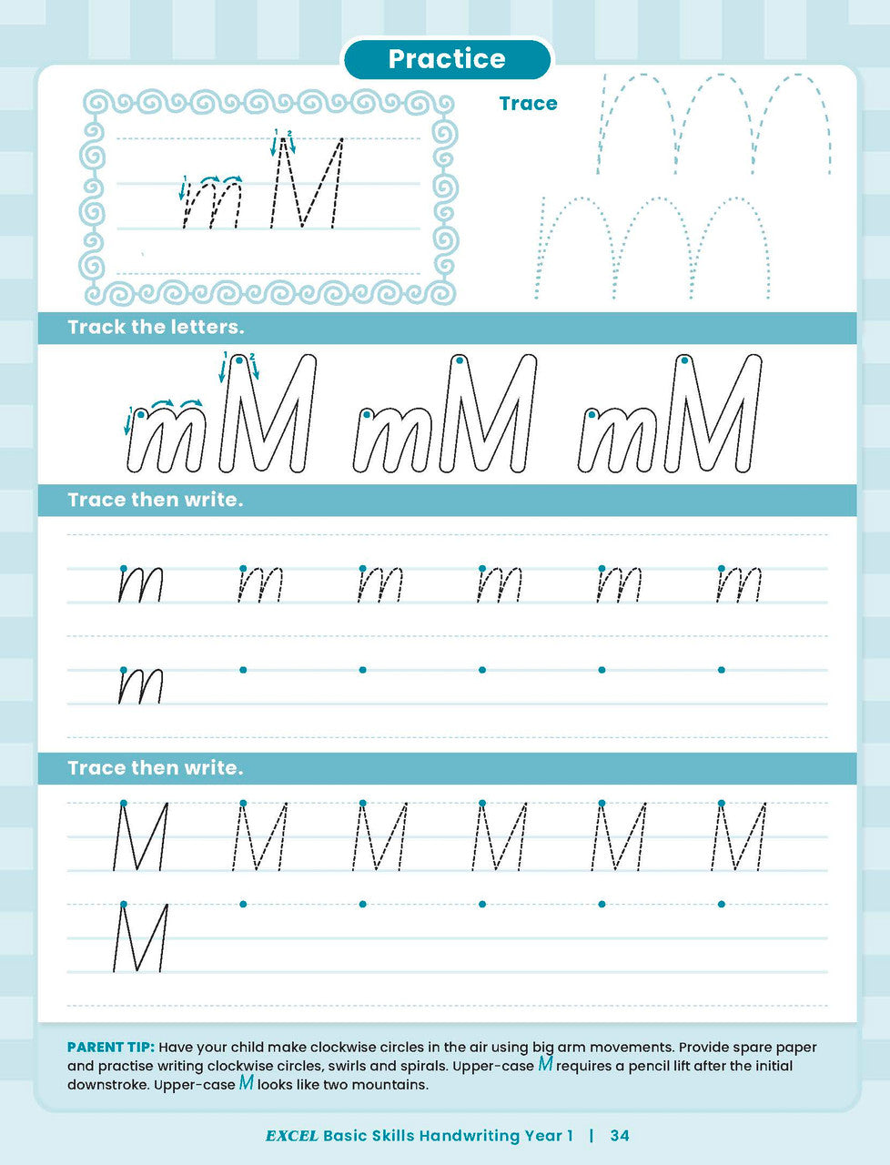 Sample inside activity page from the Excel Basic Skills Handwriting Year 1 workbook showing printed exercises for children to complete