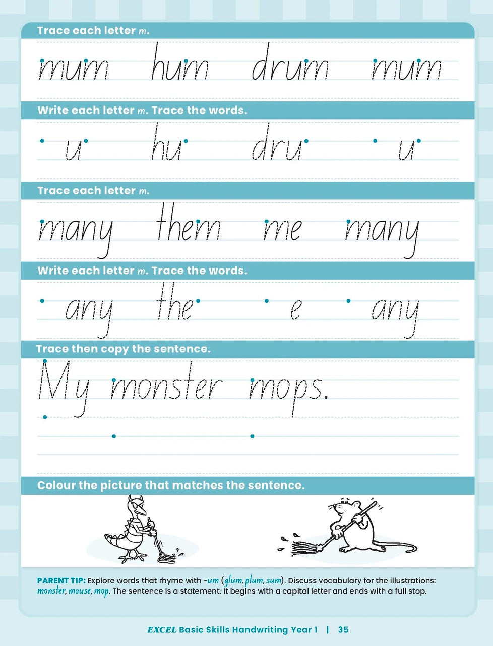 Sample inside activity page from the Excel Basic Skills Handwriting Year 1 workbook showing printed exercises for children to complete
