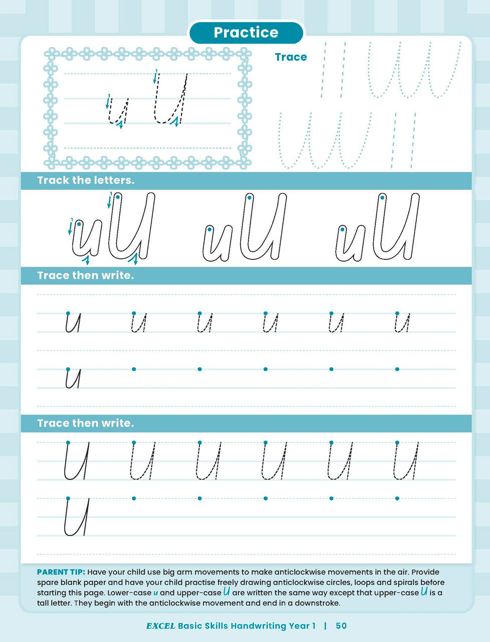 Sample inside activity page from the Excel Basic Skills Handwriting Year 1 workbook showing printed exercises for children to complete