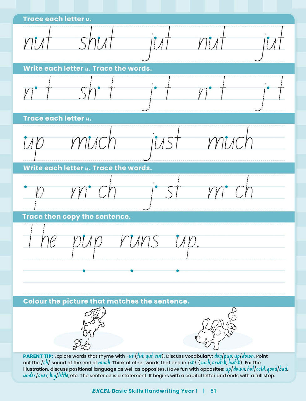 Sample inside activity page from the Excel Basic Skills Handwriting Year 1 workbook showing printed exercises for children to complete