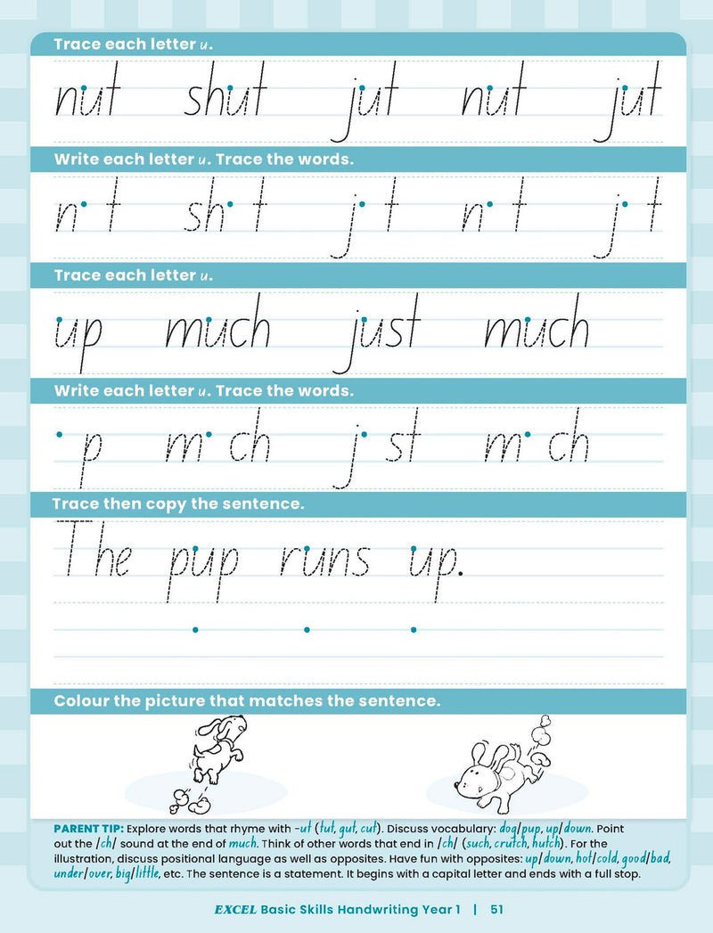 Sample inside activity page from the Excel Basic Skills Handwriting Year 1 workbook showing printed exercises for children to complete