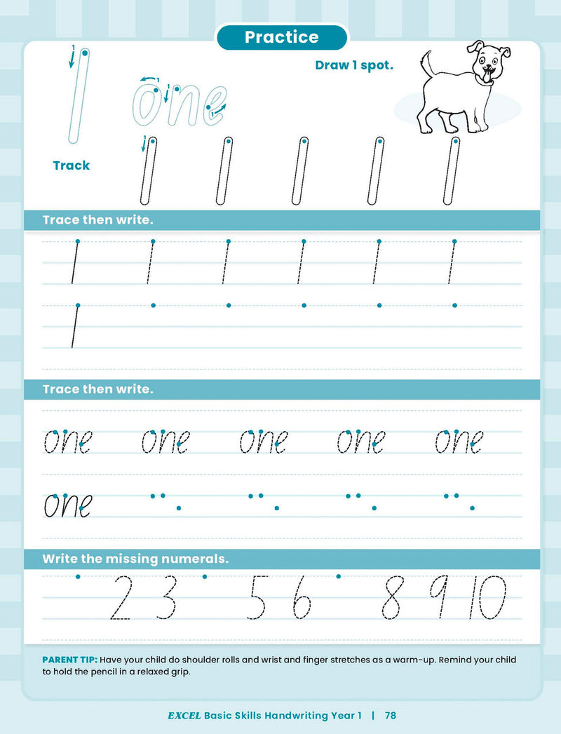 Sample inside activity page from the Excel Basic Skills Handwriting Year 1 workbook showing printed exercises for children to complete