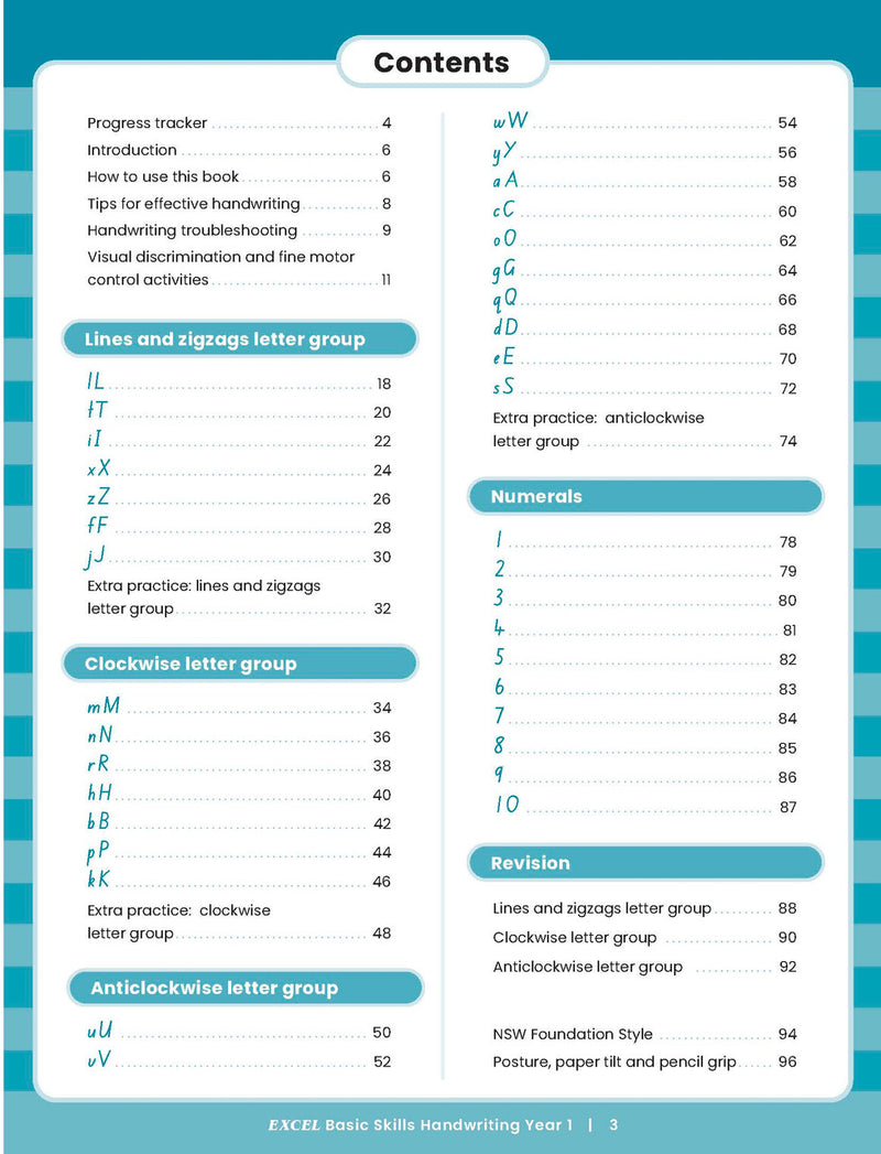 Sample inside activity page from the Excel Basic Skills Handwriting Year 1 workbook showing printed exercises for children to complete