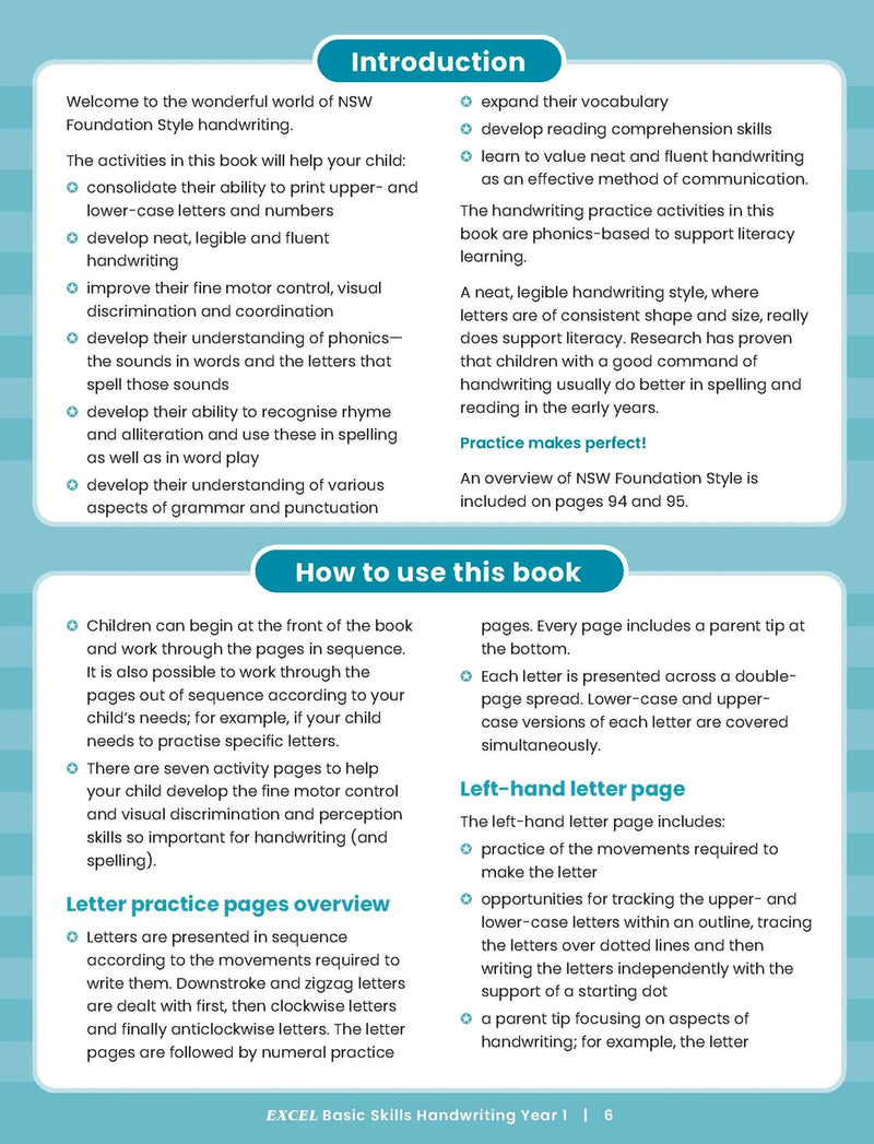 Sample inside activity page from the Excel Basic Skills Handwriting Year 1 workbook showing printed exercises for children to complete