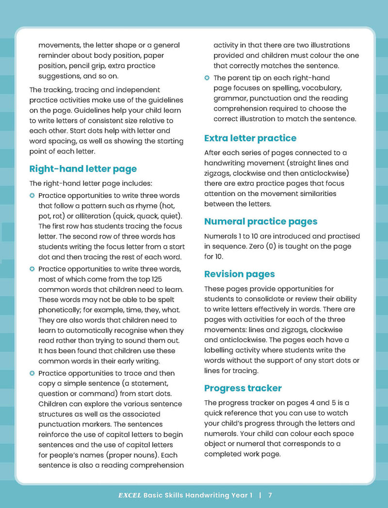Sample inside activity page from the Excel Basic Skills Handwriting Year 1 workbook showing printed exercises for children to complete
