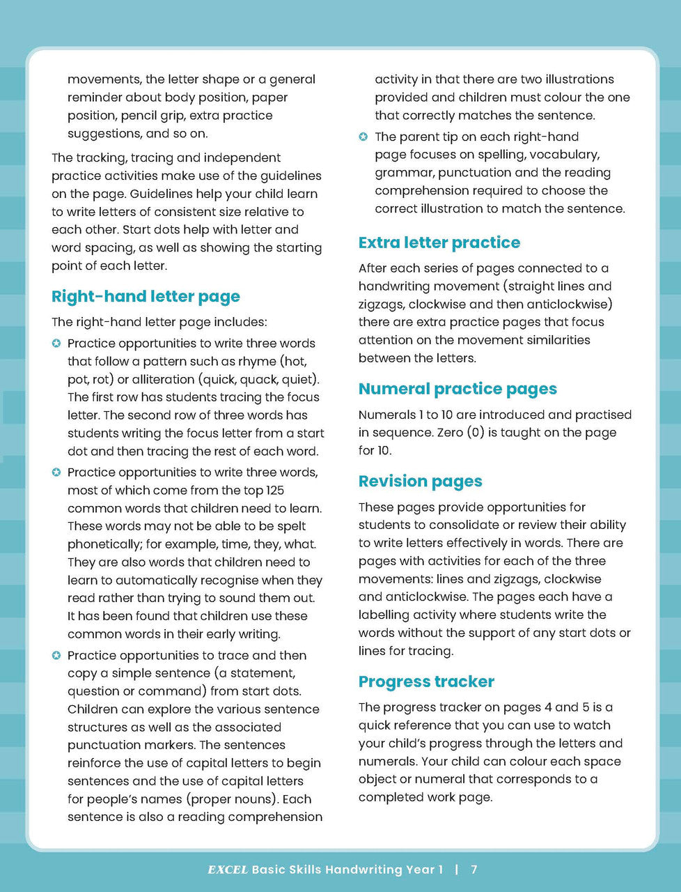 Sample inside activity page from the Excel Basic Skills Handwriting Year 1 workbook showing printed exercises for children to complete