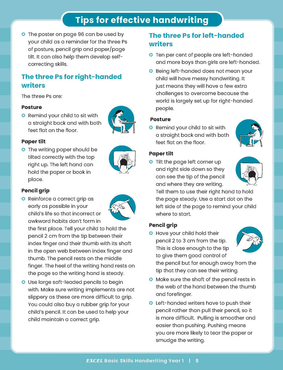 Sample inside activity page from the Excel Basic Skills Handwriting Year 1 workbook showing printed exercises for children to complete