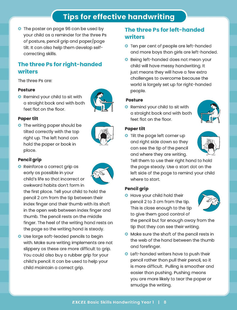 Sample inside activity page from the Excel Basic Skills Handwriting Year 1 workbook showing printed exercises for children to complete