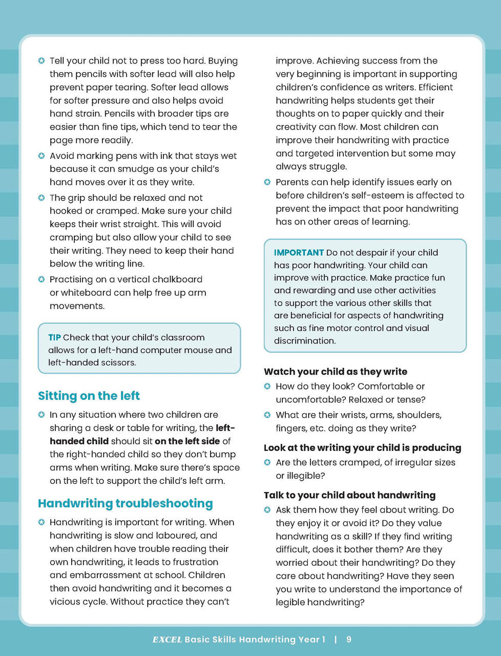 Sample inside activity page from the Excel Basic Skills Handwriting Year 1 workbook showing printed exercises for children to complete
