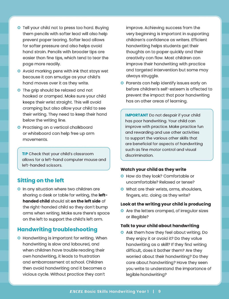 Sample inside activity page from the Excel Basic Skills Handwriting Year 1 workbook showing printed exercises for children to complete
