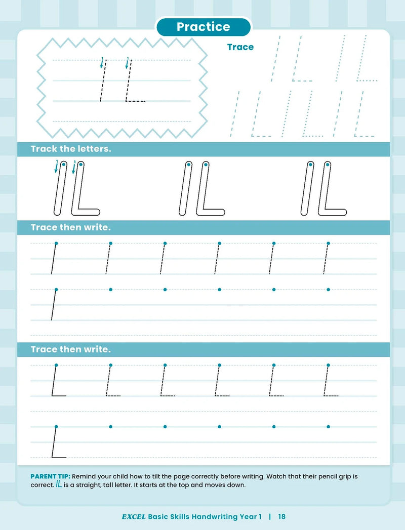 Sample inside activity page from the Excel Basic Skills Handwriting Year 1 workbook showing printed exercises for children to complete