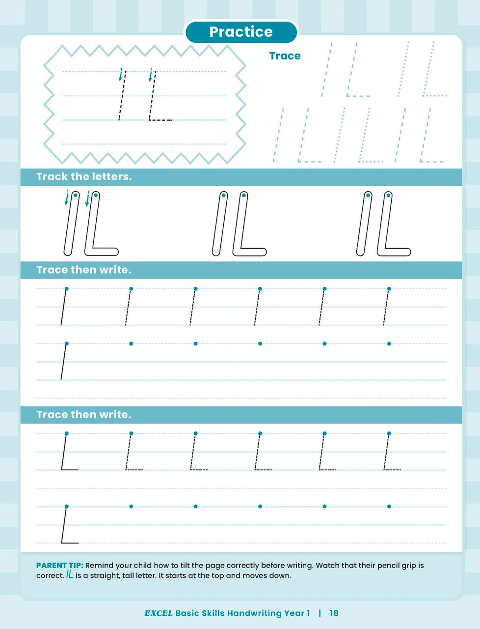 Sample inside activity page from the Excel Basic Skills Handwriting Year 1 workbook showing printed exercises for children to complete