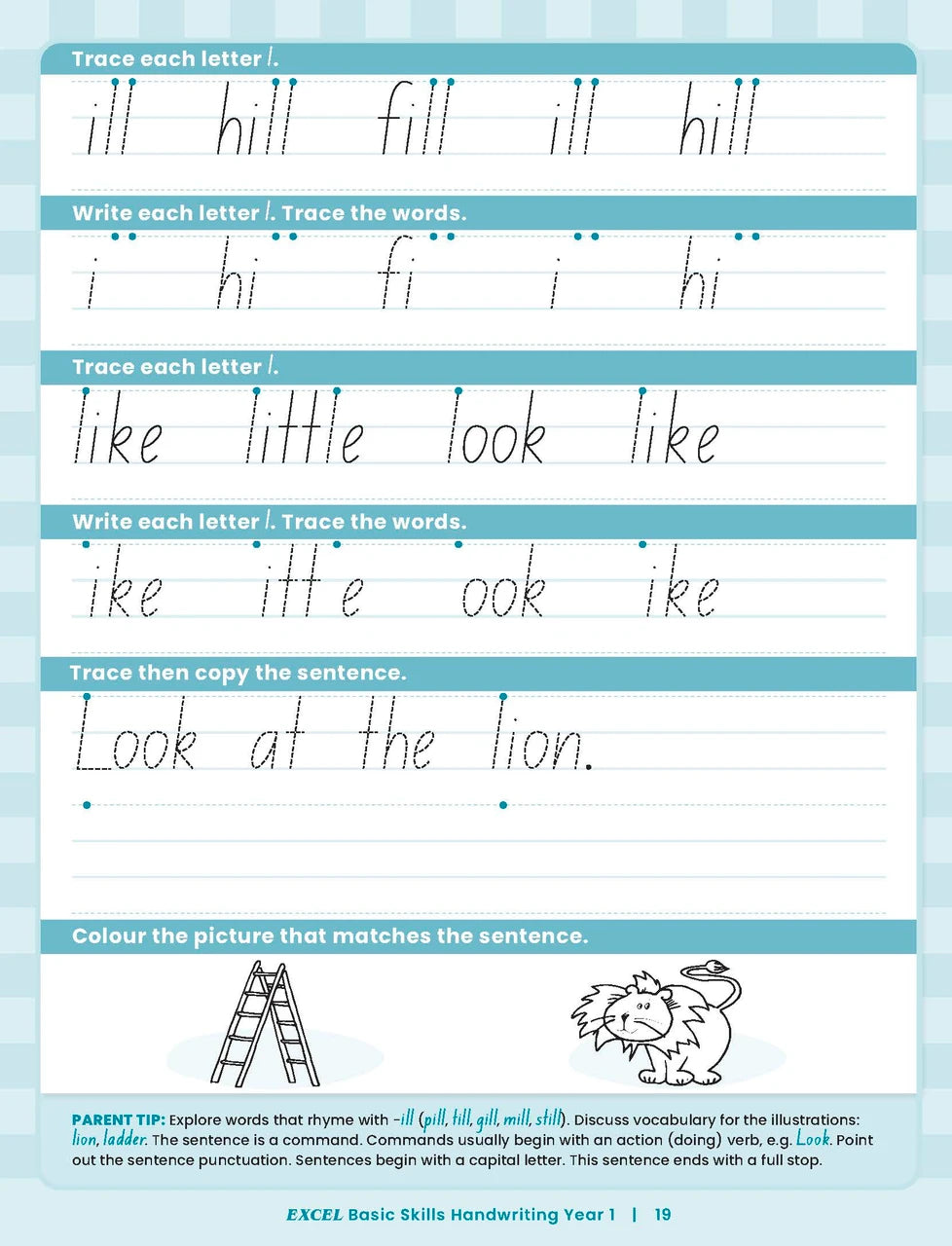 Sample inside activity page from the Excel Basic Skills Handwriting Year 1 workbook showing printed exercises for children to complete