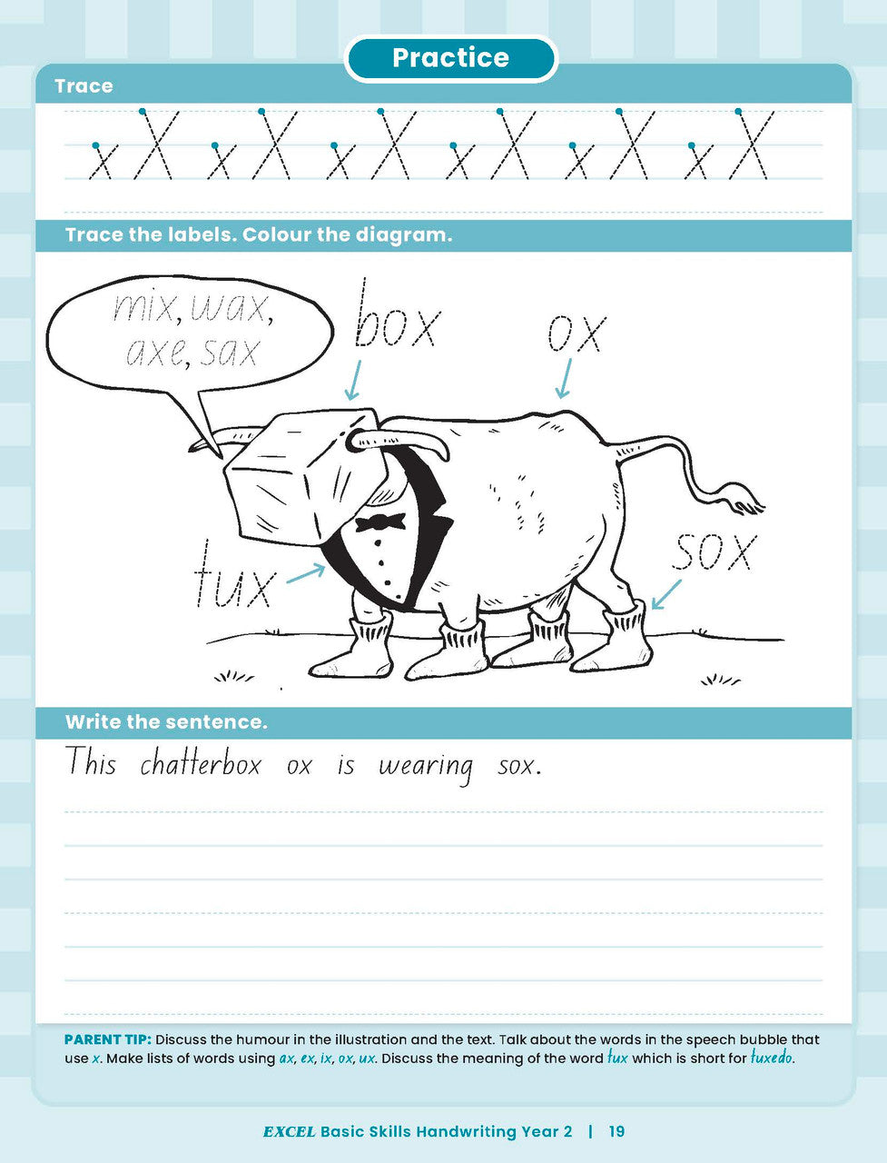 Sample inside activity page from the Excel Basic Skills Handwriting Year 2 workbook showing printed exercises for children to complete