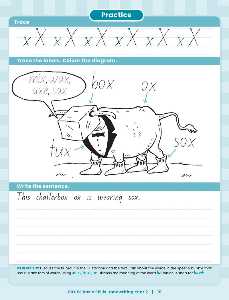 Sample inside activity page from the Excel Basic Skills Handwriting Year 2 workbook showing printed exercises for children to complete
