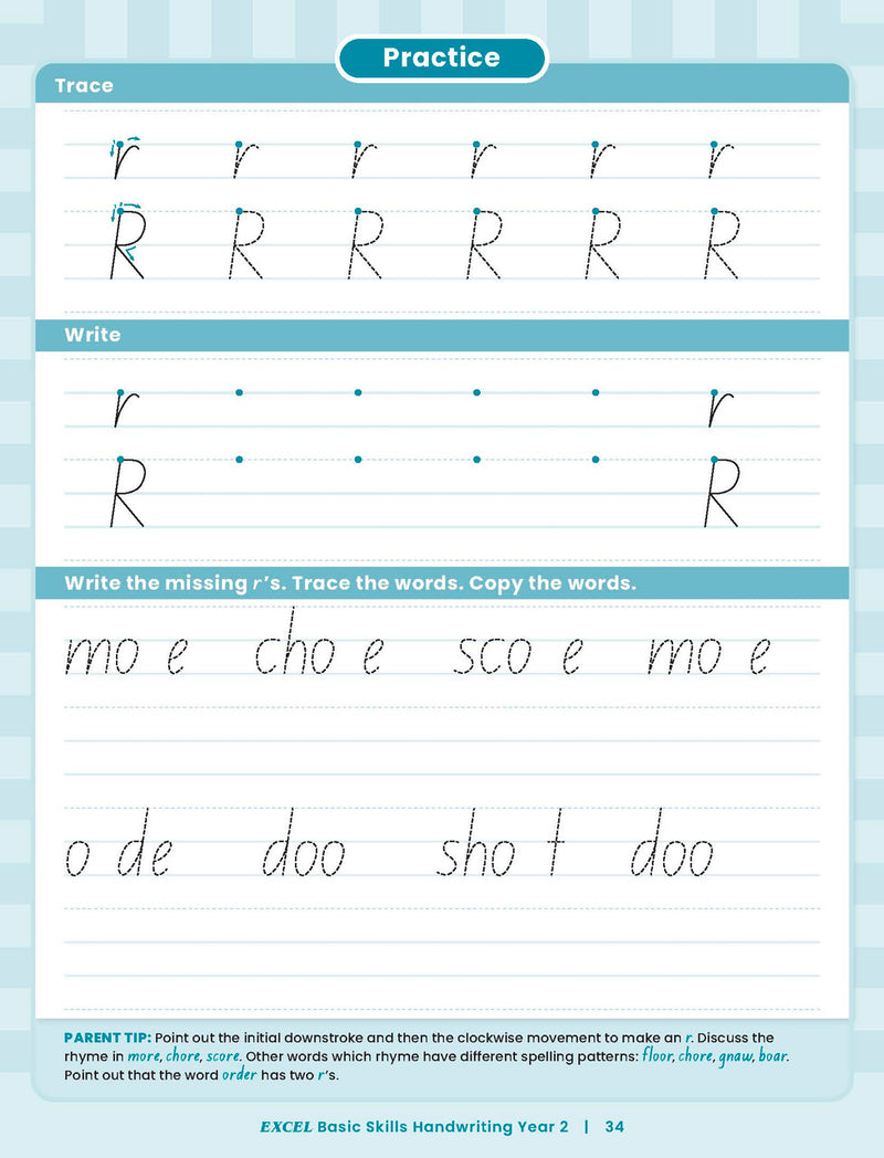 Sample inside activity page from the Excel Basic Skills Handwriting Year 2 workbook showing printed exercises for children to complete