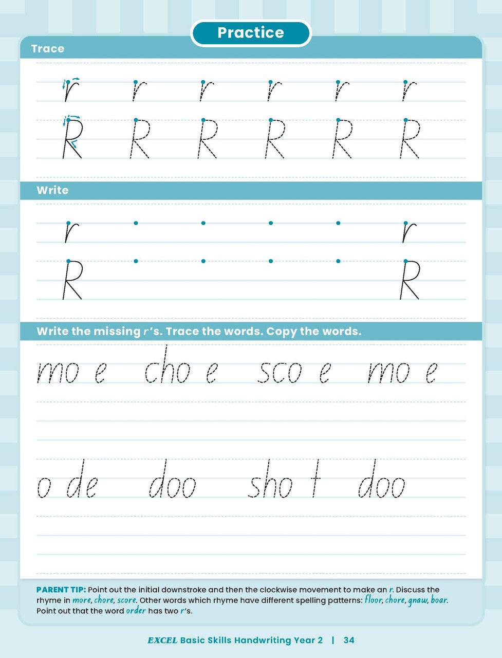 Sample inside activity page from the Excel Basic Skills Handwriting Year 2 workbook showing printed exercises for children to complete