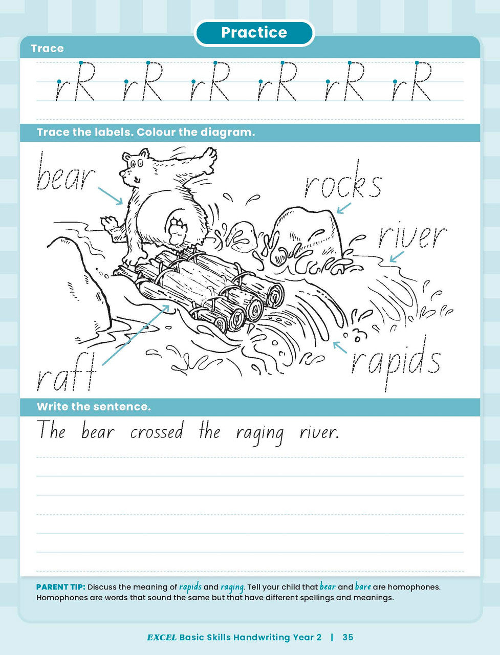 Sample inside activity page from the Excel Basic Skills Handwriting Year 2 workbook showing printed exercises for children to complete