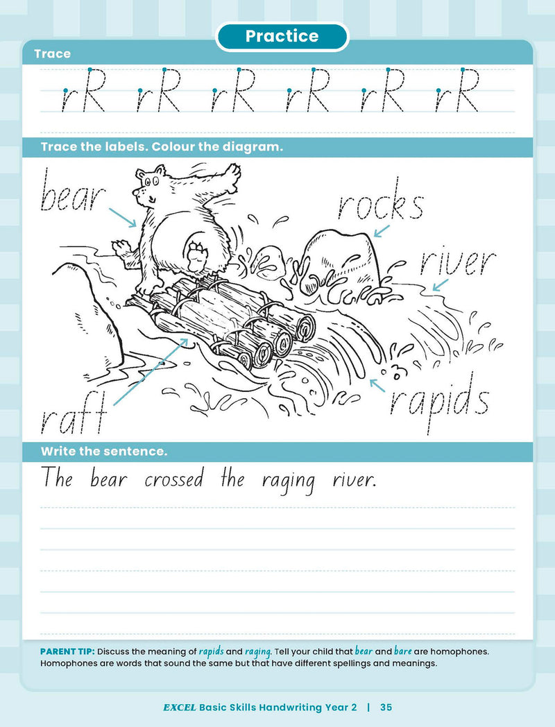 Sample inside activity page from the Excel Basic Skills Handwriting Year 2 workbook showing printed exercises for children to complete