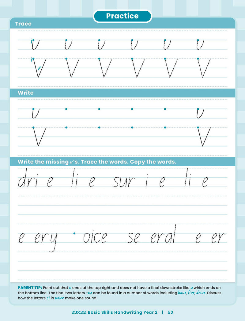 Sample inside activity page from the Excel Basic Skills Handwriting Year 2 workbook showing printed exercises for children to complete