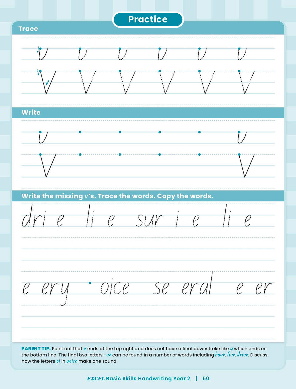 Sample inside activity page from the Excel Basic Skills Handwriting Year 2 workbook showing printed exercises for children to complete