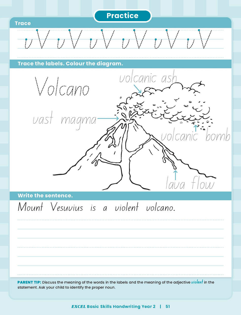 Sample inside activity page from the Excel Basic Skills Handwriting Year 2 workbook showing printed exercises for children to complete