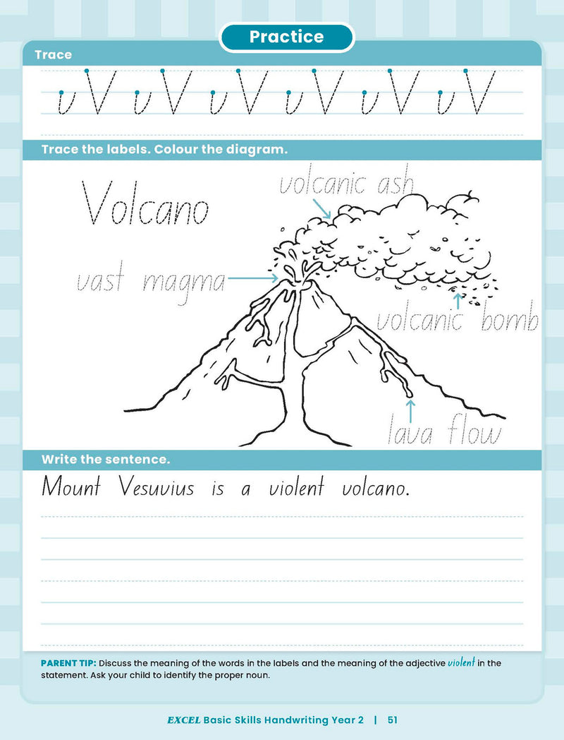Sample inside activity page from the Excel Basic Skills Handwriting Year 2 workbook showing printed exercises for children to complete
