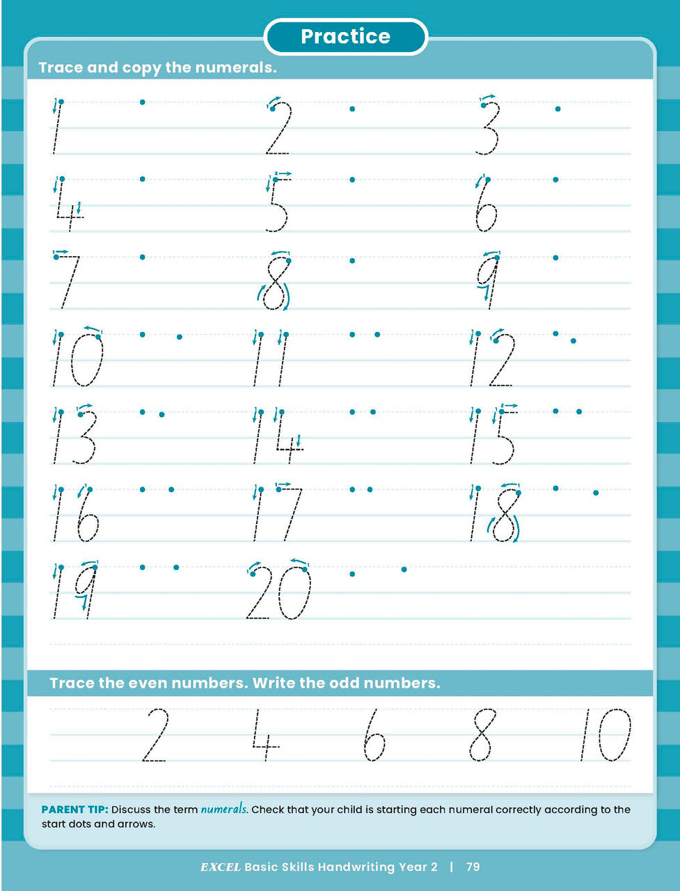 Sample inside activity page from the Excel Basic Skills Handwriting Year 2 workbook showing printed exercises for children to complete
