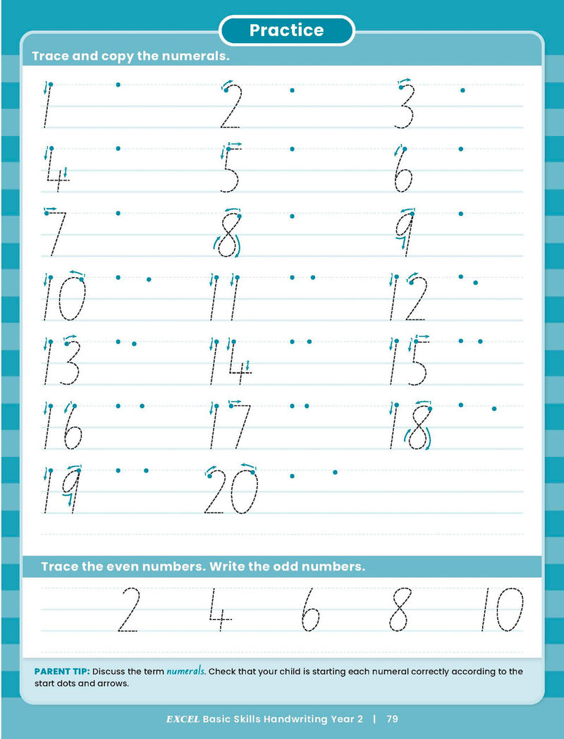 Sample inside activity page from the Excel Basic Skills Handwriting Year 2 workbook showing printed exercises for children to complete