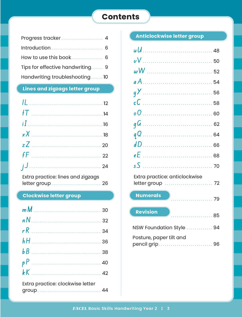 Sample inside activity page from the Excel Basic Skills Handwriting Year 2 workbook showing printed exercises for children to complete