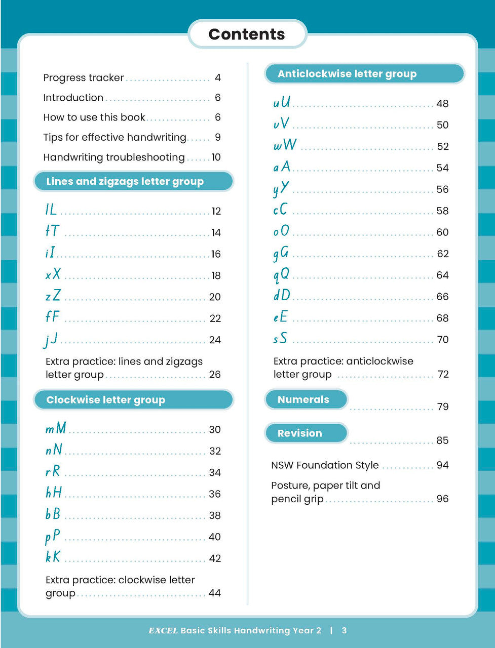 Sample inside activity page from the Excel Basic Skills Handwriting Year 2 workbook showing printed exercises for children to complete