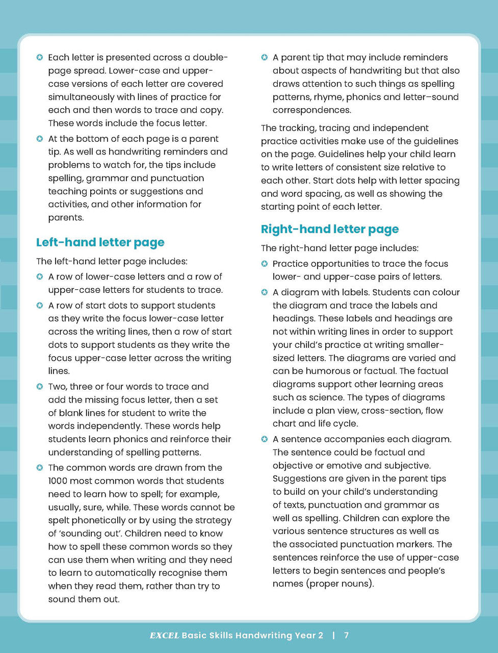 Sample inside activity page from the Excel Basic Skills Handwriting Year 2 workbook showing printed exercises for children to complete